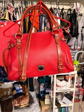 Red Pebbled Satchel with Brown Trim - Classic Structured Handbag